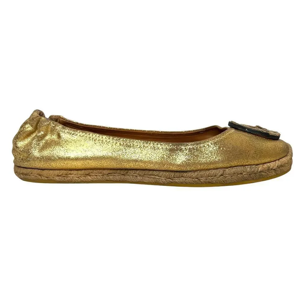 TORY BURCH The Reva Crackled Metallic Leather Espadrilles Women's Size 9.5 M